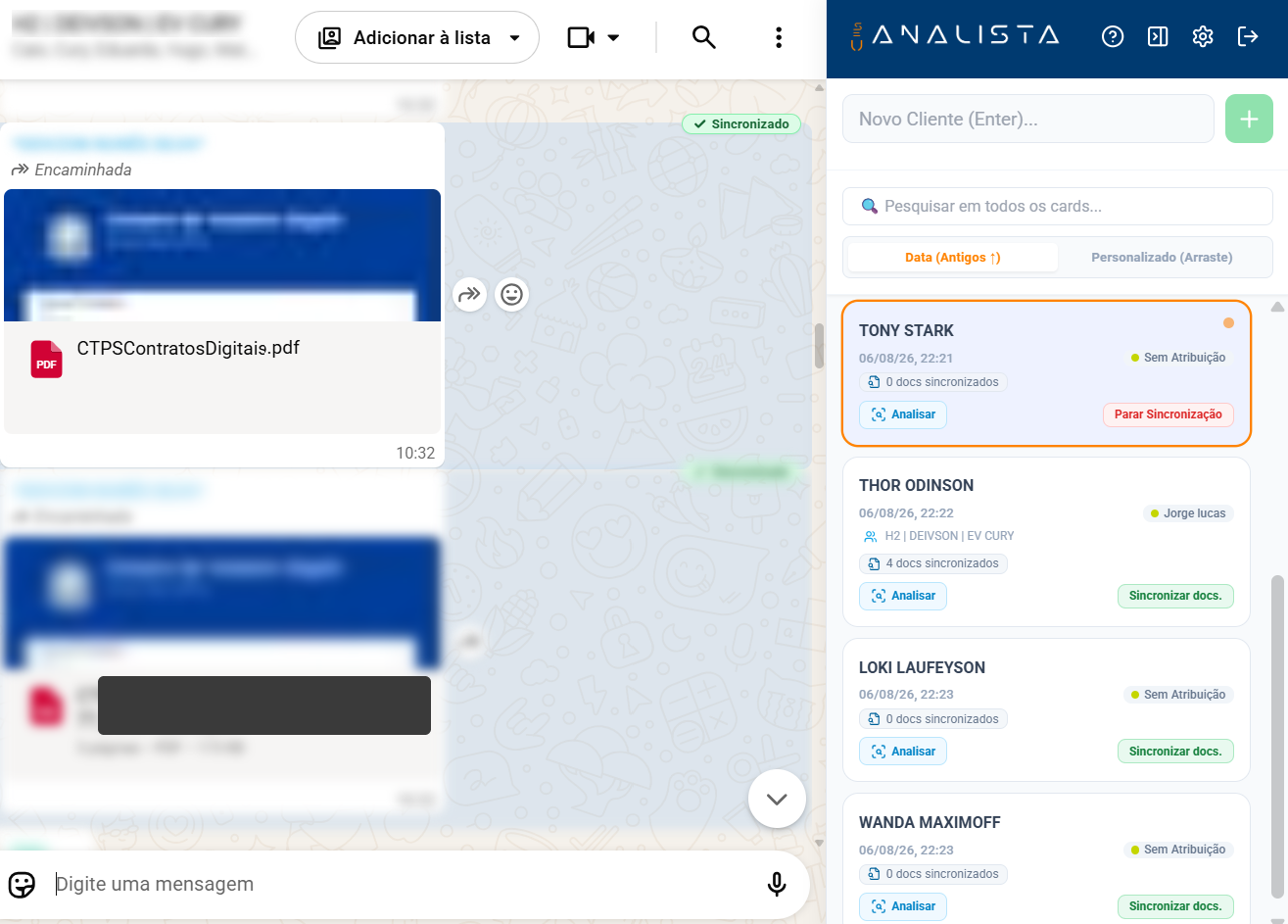 Extensão WhatsApp do Seu Analista sincronizando documentos recebidos no chat direto com os cards do pipeline
