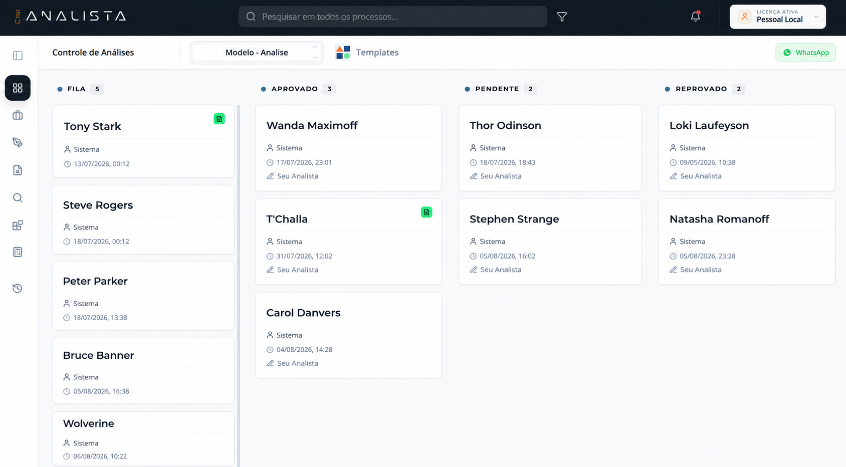 Pipeline Kanban do Seu Analista com análises organizadas por status: Fila, Aprovado, Pendente e Reprovado